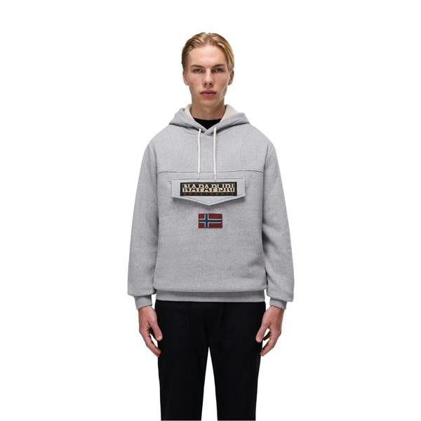 Napapijri Mens Logo Cotton Hoodie - Grey Marl - 