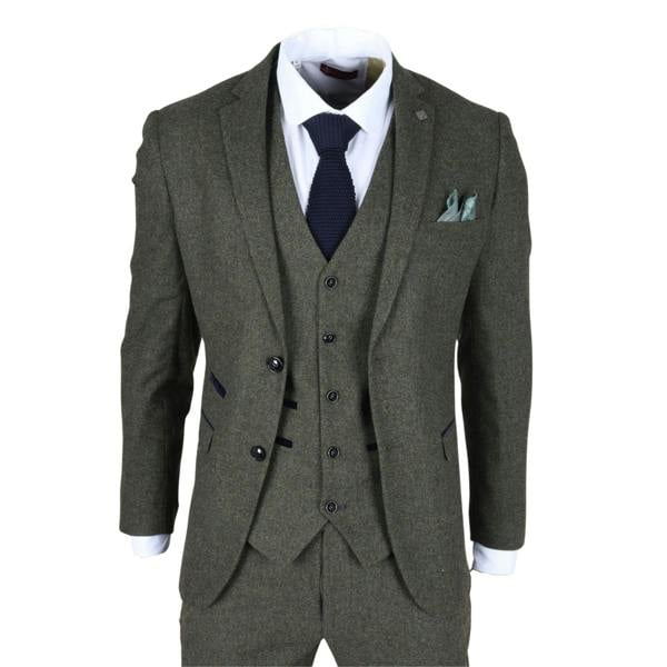 Infinity Leather Men's Olive Green Wool Blend Tweed Formal Suit