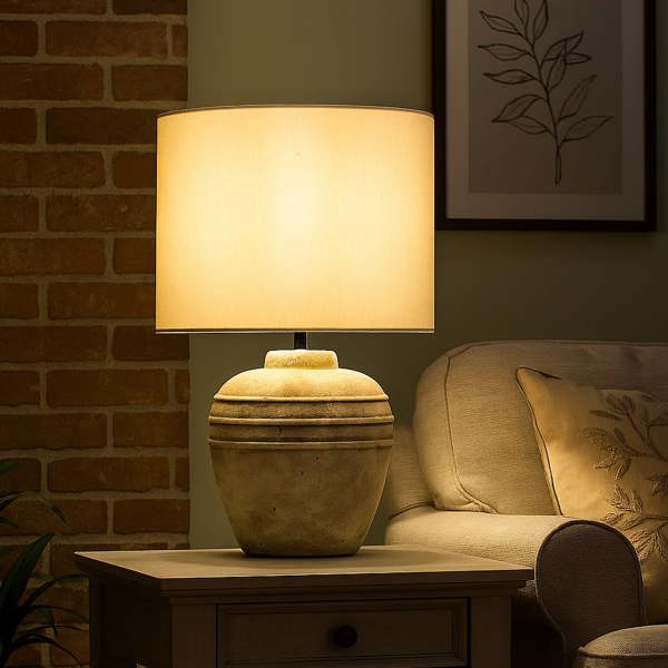 STONE EFFECT CERAMIC TABLE LAMP WITH GREY SHADE