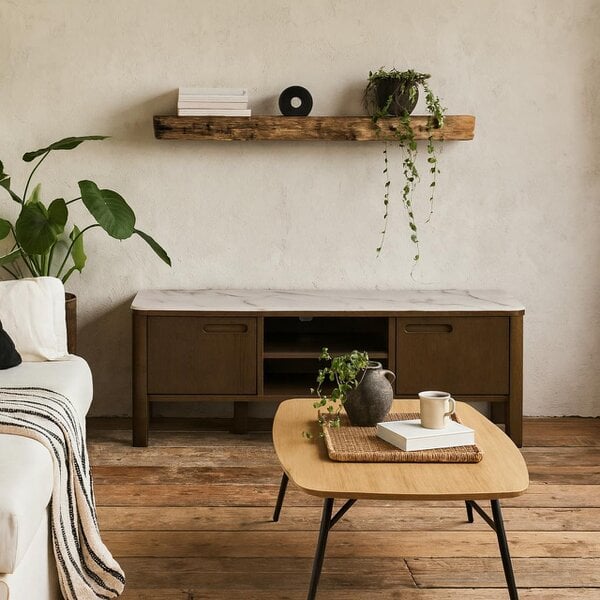 Wyld Haus Cork Oak Veneer TV Unit with Cream Ceramic Top 2 Drawers 2 Shelves
