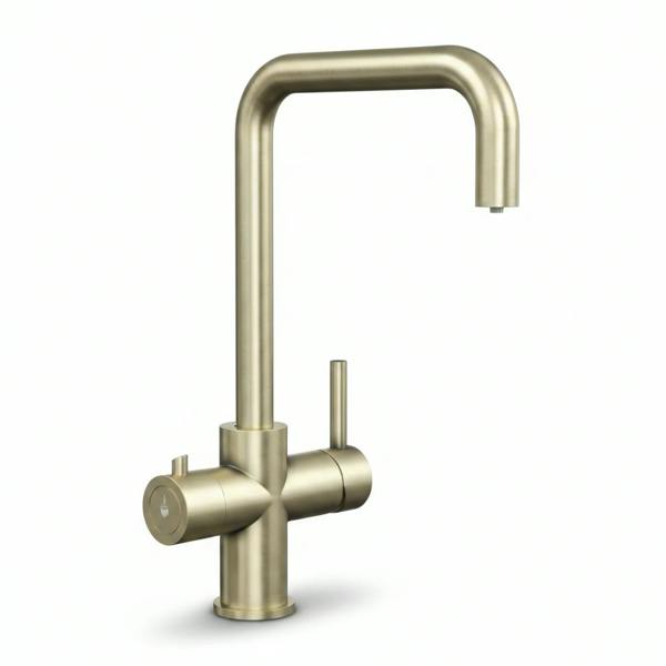 Brushed brass boiling hot water tap on a white background