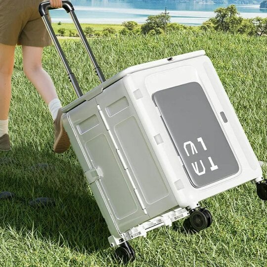 Havendro Folding Storage Box Trolley Cart Wheels Collapsible Container Home Camping Beige