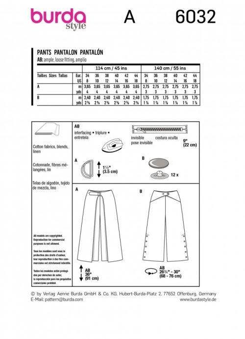 Burda Sewing Pattern 6032 Trousers For Women, 8-22 (34-48) - Easy