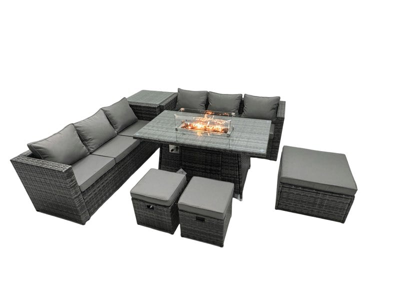 Fimous Rattan Garden Furniture Firepit Dining Set 6 Seater Lounge Sofa Table Set with Side Table 3 Footstool