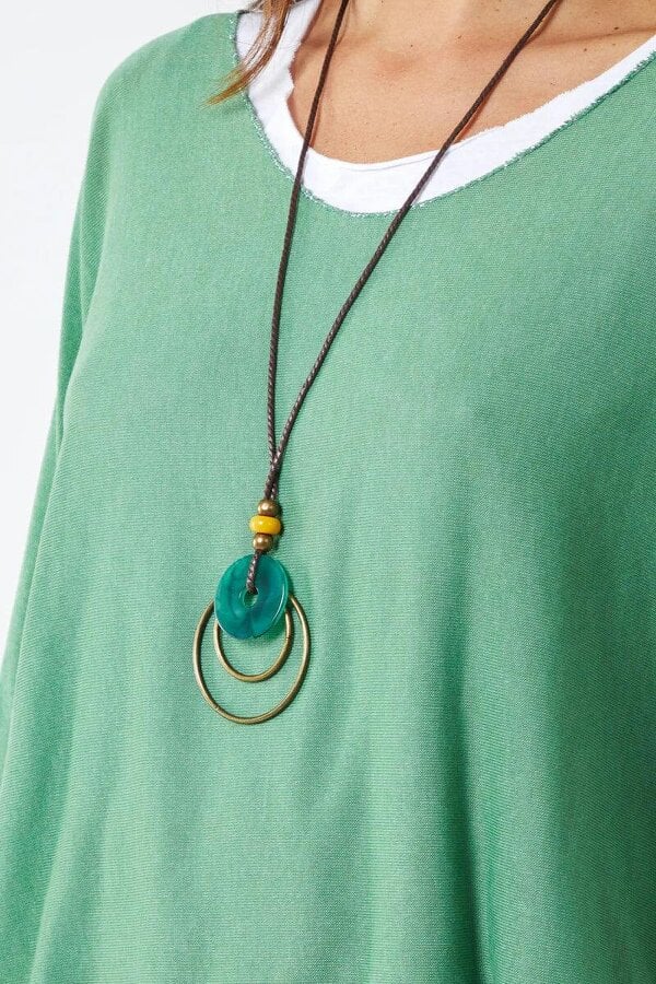Hoxton Gal Oversized Long Sleeves Layered Blouse With Necklace In Light Green And White