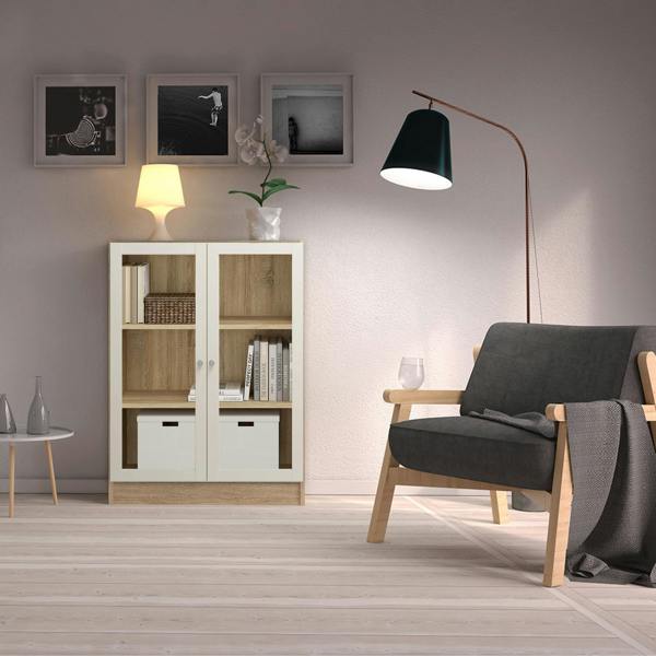 Furniture To Go Basic Low Wide Display Cabinet in Oak (2 Shelves) with 2 Glass Doors in White