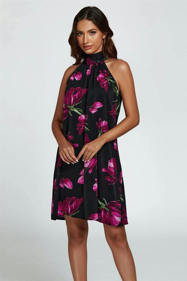 FS Collection Floral Print Halter Neck Tie Back Mini Dress In Black