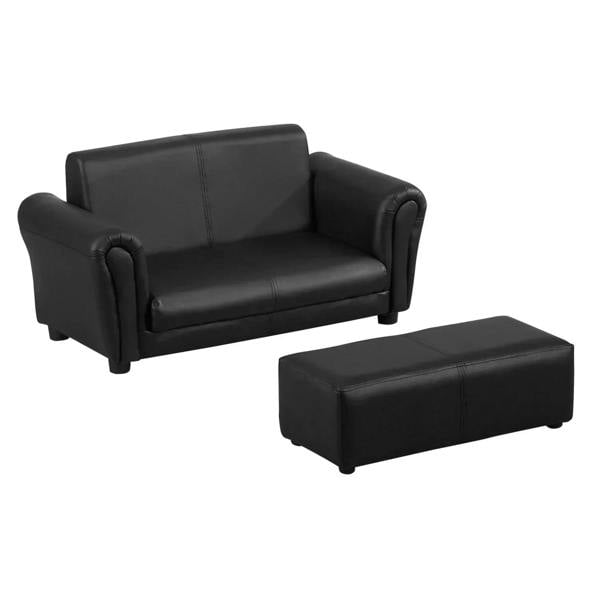 Black kids sofa bed with rounded armrests and included matching footstool