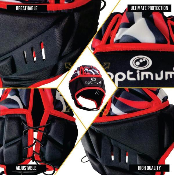 Optimum rugby headguard feature infographic: breathable vents, adjustable lacing, padded panels, red - Optimum