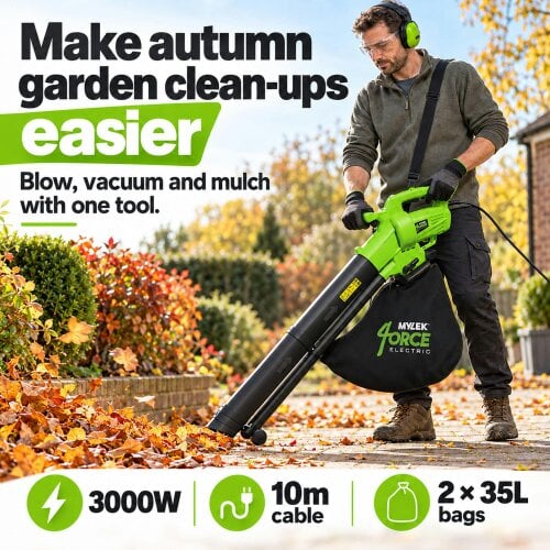 Mylek Leaf Blower & Vacuum, 3000W Mulcher with 2 Collection Bags