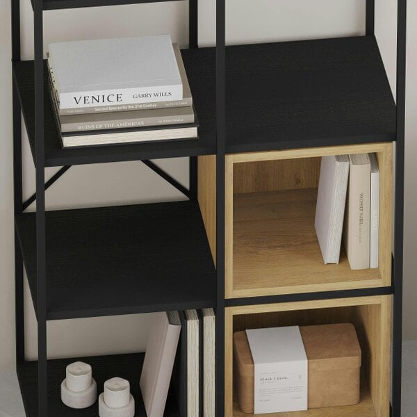 Decortie Modern Vale Midi Bookcase Display Unit 5-Tier Metal Frame 3 Adjustable Shelf 18mm Engineered Wood (Black Wood