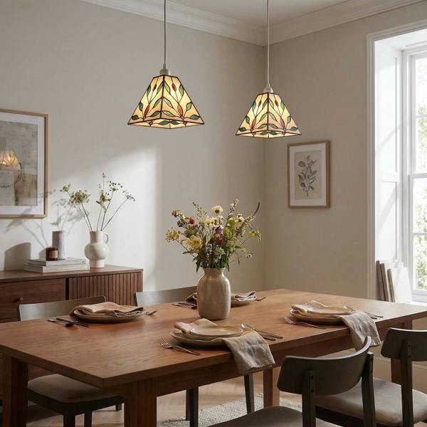 Square Tiffany Glass Pendant Light Shade with Emerald Green Leaves Image 6