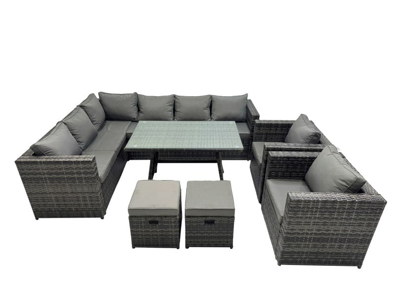 Fimous 10 seater Outdoor PE Rattan Sofa Set with Dining Table Patio Garden Furniture Sets with 2 Chair 2 Small Stools Dark Grey Mixed