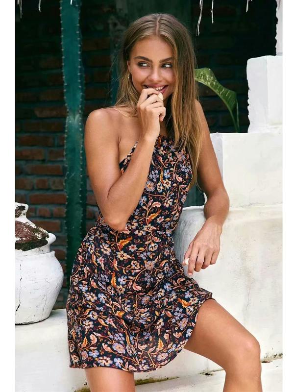 FS Collection Summer Strappy Flowy Mini Dress In Black Floral Print