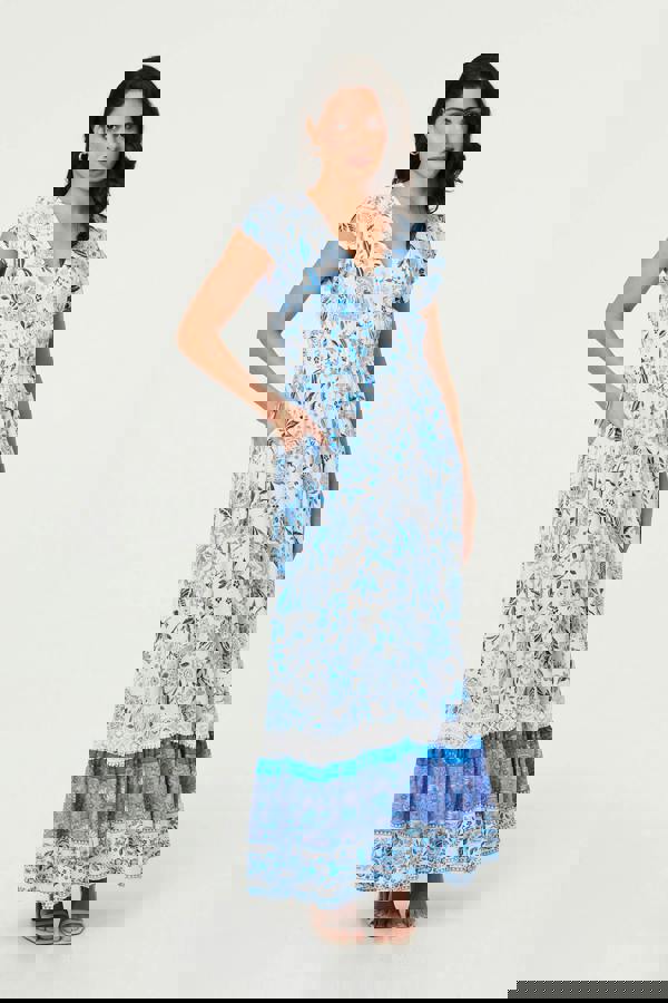 Blue | Floral Border Cap Sleeve Maxi Dress
