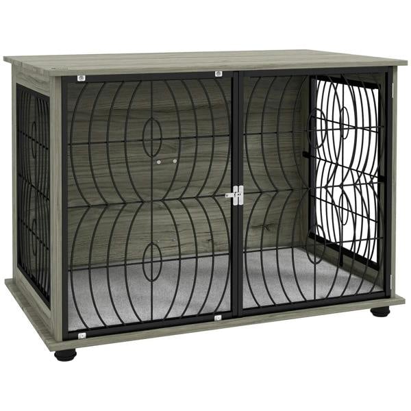 Grey dog crate end table with two-door front and wire mesh panels, open interior view