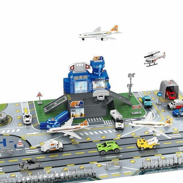 deAO Toys Aircraft Track Toy Aircraft Toy Set Includes Truck, Helicopter, Plane, Fire Truck, Racing Car and Airport Play Map