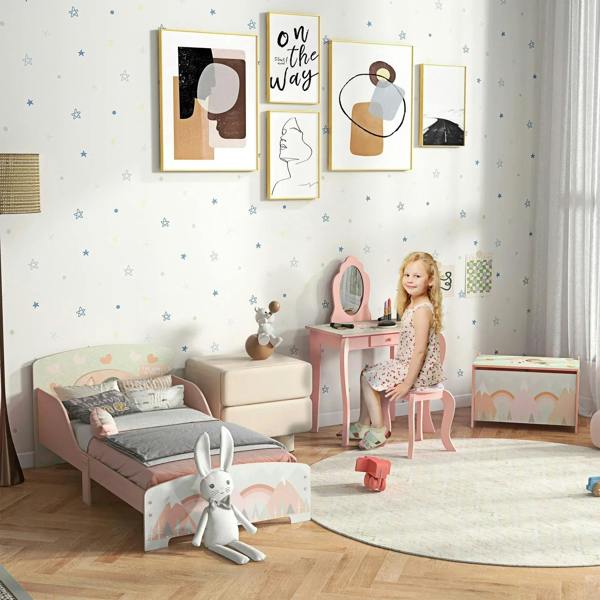 Pink toddler bed frame for kids’ rooms with illustrated panels and wooden slat mattress base