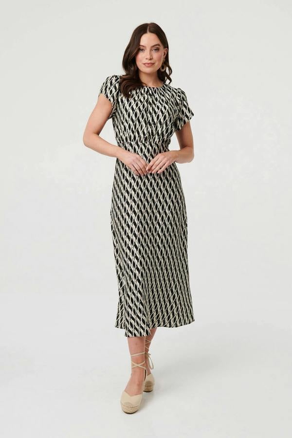 Black | Printed Cap Sleeve Ruched Midi Dress
