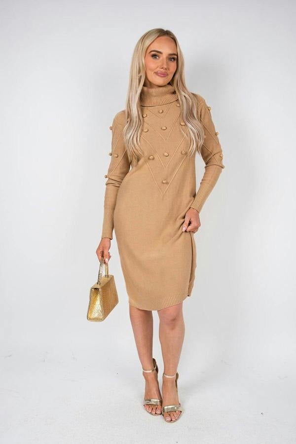 Ivanya High Neck Long Sleeve Knitted Jumper Dress With Bobble Detail - Grey