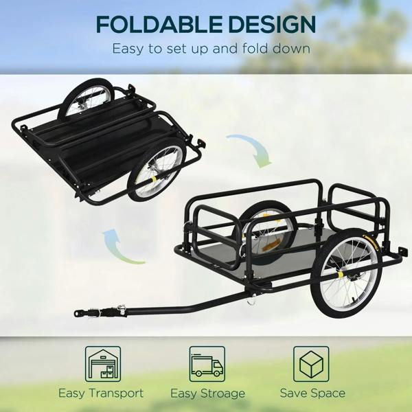 Folded black bike cargo trailer with steel frame, wheels, and extended hitch bar