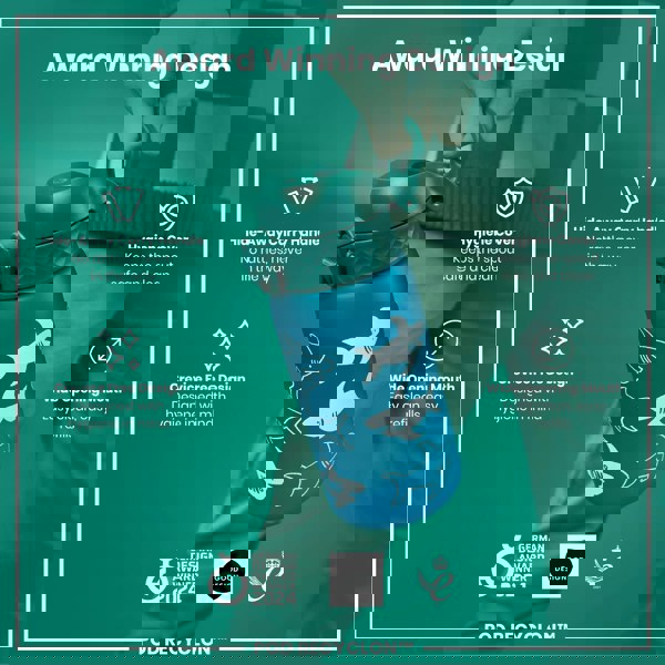 A blue water bottle, with a teal lid and sharks printed on it, is being held. It features a hide-away handle, hygiene cover, and wide mouth. The bottle is an award-winning design.