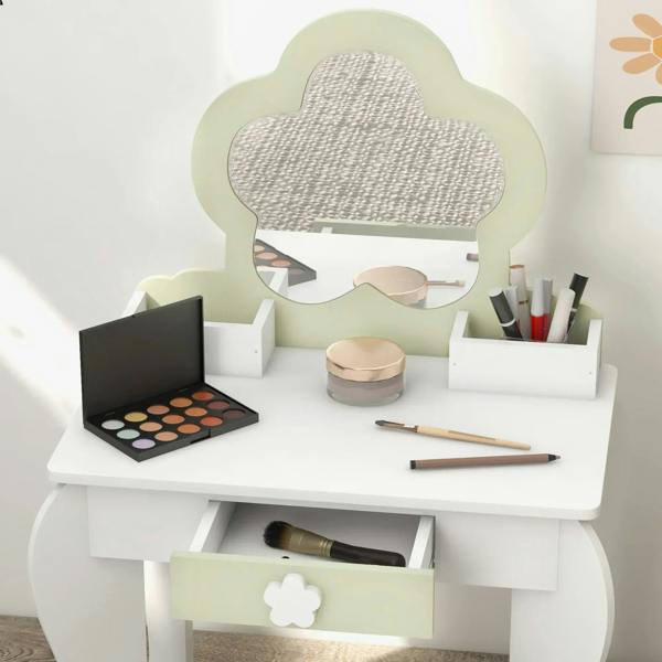 White kids vanity tabletop with flower mirror, makeup palette, and tools in side bins