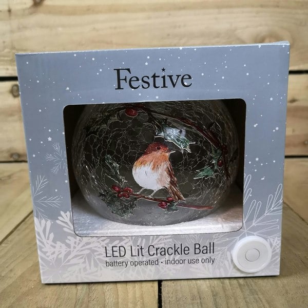 Samuel Alexander 15cm Battery Operated Light up Robin Crackle Glass Ball with 12 Warm White LEDs