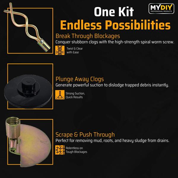 MY DIY PROFESSIONAL PRODUCTS MY DIY 31ft Drain Rod Set 14Pcs Includes Easy Carry Storage Bag Plunger Double Worm Screw & Connectors & Drain Unblocker