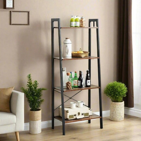 4-tier industrial ladder bookshelf with black metal frame and rustic wood shelves, ideal for books, plants, and decor

