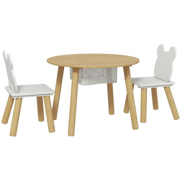 Round kids activity table with center mesh bag and two white chairs, natural wood legs