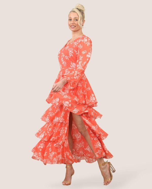Radiance Chiffon Ruffle Maxi Dress – Floral Elegance for Every Occasion - Coral
