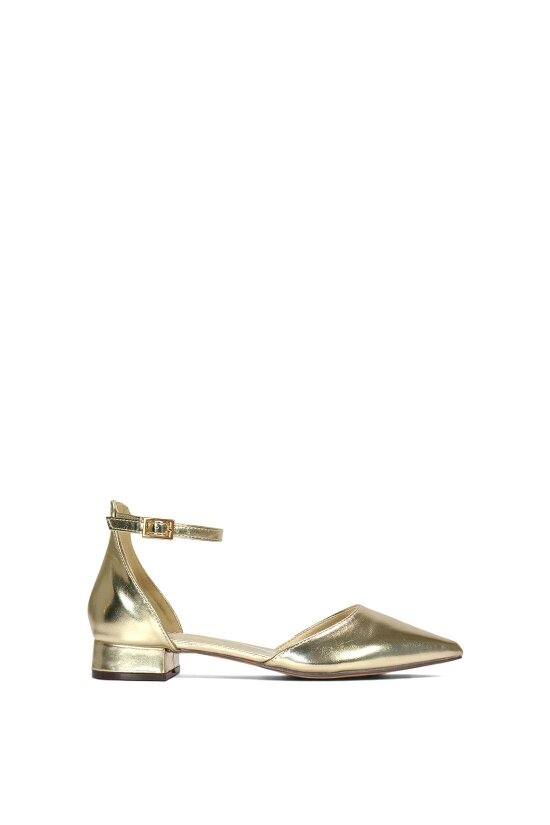 XY LONDON Low Heel Flat Pointed Toe Ankle Strap Court Shoes - Gold
