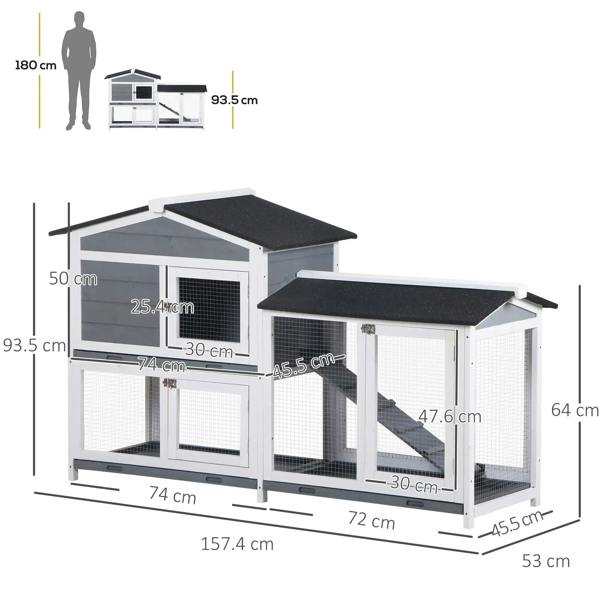 Grey wooden 2-tier rabbit hutch size diagram with ramp and roof