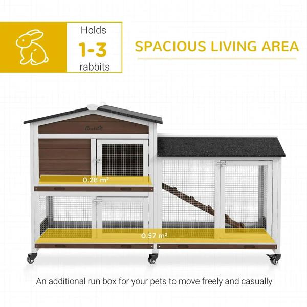 Brown and white two-tier pet hutch with run sections, mesh doors, and dark roof