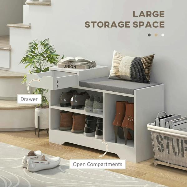 White shoe bench with gray cushioned seat, open compartments, and drawer storage