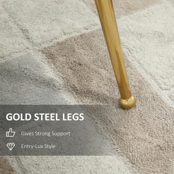 Grey chair seat with gold steel legs on carpet; four-point support