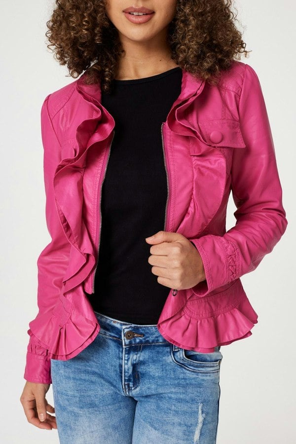 Pink | Frilled Front Faux Leather Jacket