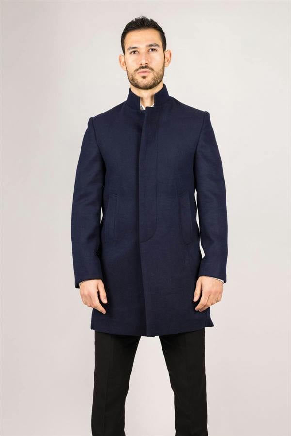 Infinity Leather Men's Navy Stand Collar Wool Blend Overcoat