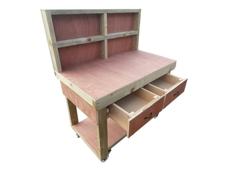 Wooden eucalyptus Top Workbench – Mobile Tool Cabinet with Drawers, Back Panel and wheels, Ideal for Dry Indoor Spaces Such as Garages, Workshops, and Studios.