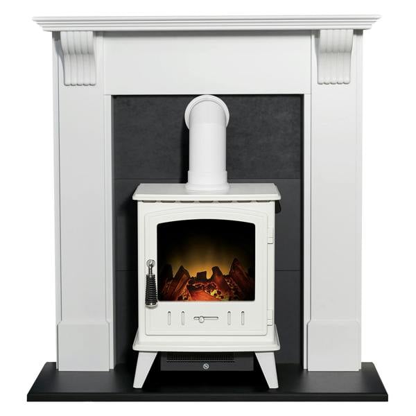 Adam Harrogate Fireplace in White & Black with Adam Aviemore Electric Stove in White, 39 Inch