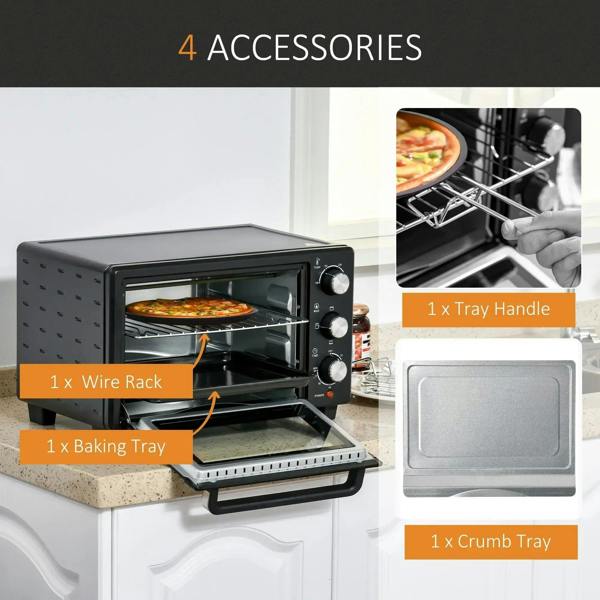 Black countertop oven with accessories: wire rack, baking tray, tray handle, and crumb tray