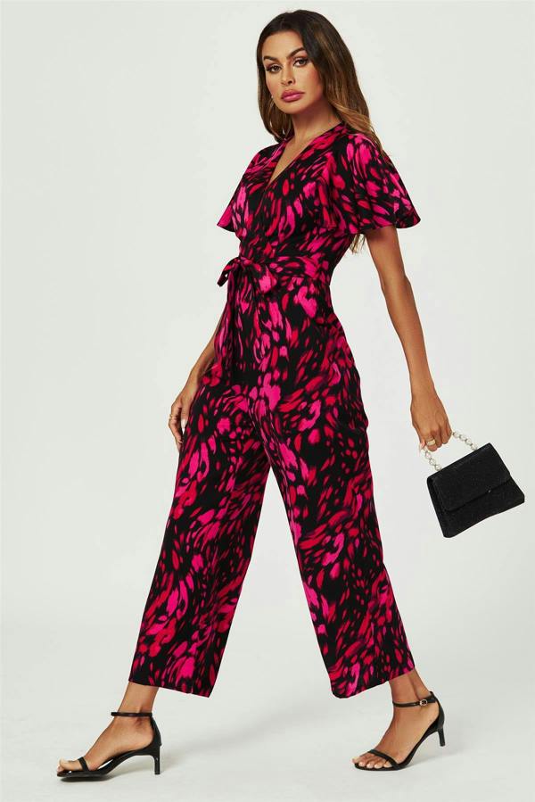 FS Collection Pink Abstract Print Wrap Top Jumpsuit In Black