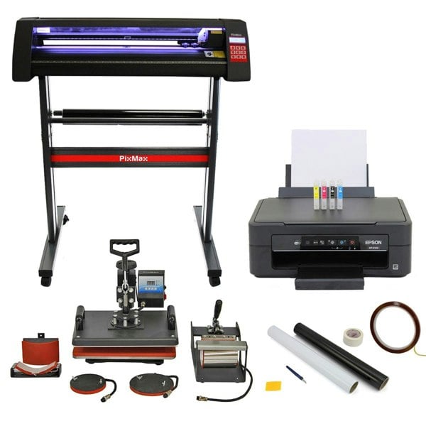 5 in 1 vinyl cutter with LED light, value printer, CISS system, weeding kit, heat tape, and accessories on a sturdy stand
