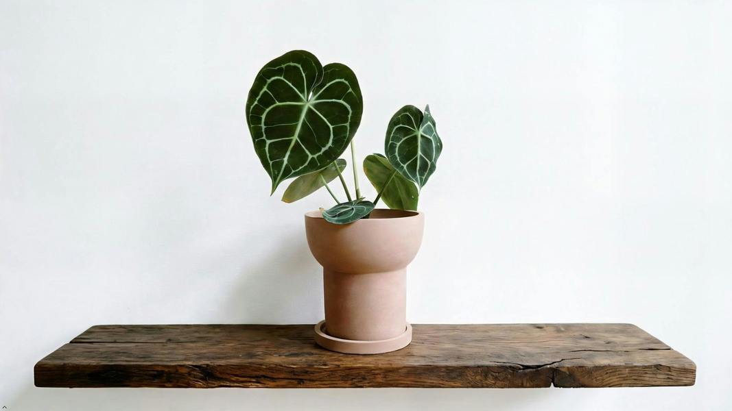Potted plant on a wooden shelf with a white background