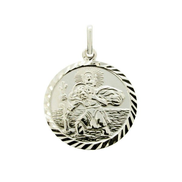 Christopher James of London 9ct White Gold Diamond Cut 19mm St Christopher Pendant With Optional Engraving and Chain