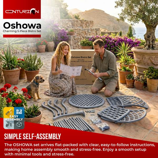Homeology OSHOWA Luxurious Garden and Patio Table and 4 Large Chairs with Armrests Cast Aluminium Bistro Set - Grey with Green Cushions