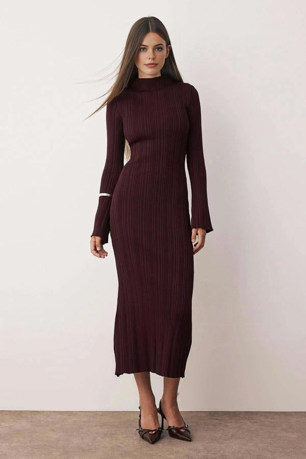 WOVCOR Bodycone Stand Collar A-Line Knit Maxi Dress