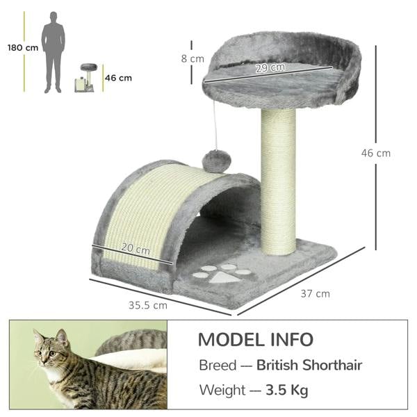 Grey cat tree with measured dimensions, top bed, hideout, and scratching posts