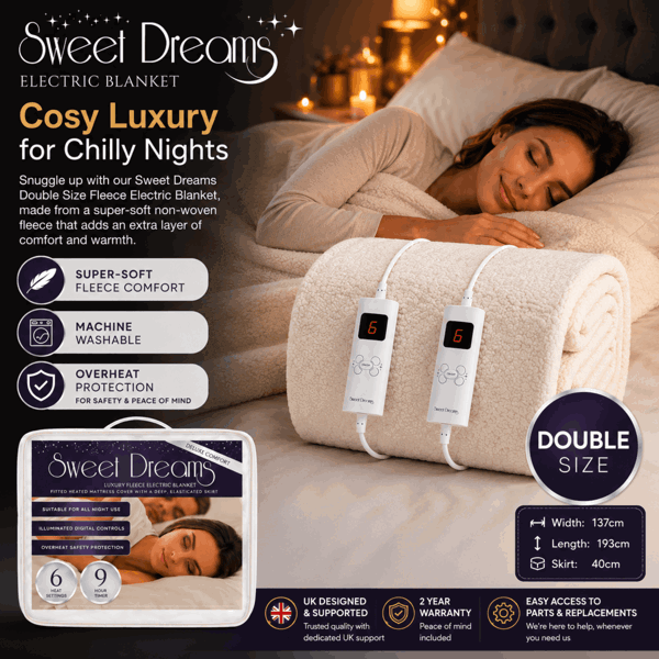 Sweet Dreams Luxury Fleece Electric Blanket Double Size, Machine Washable Underblanket, Digital Control, Overheat Protection